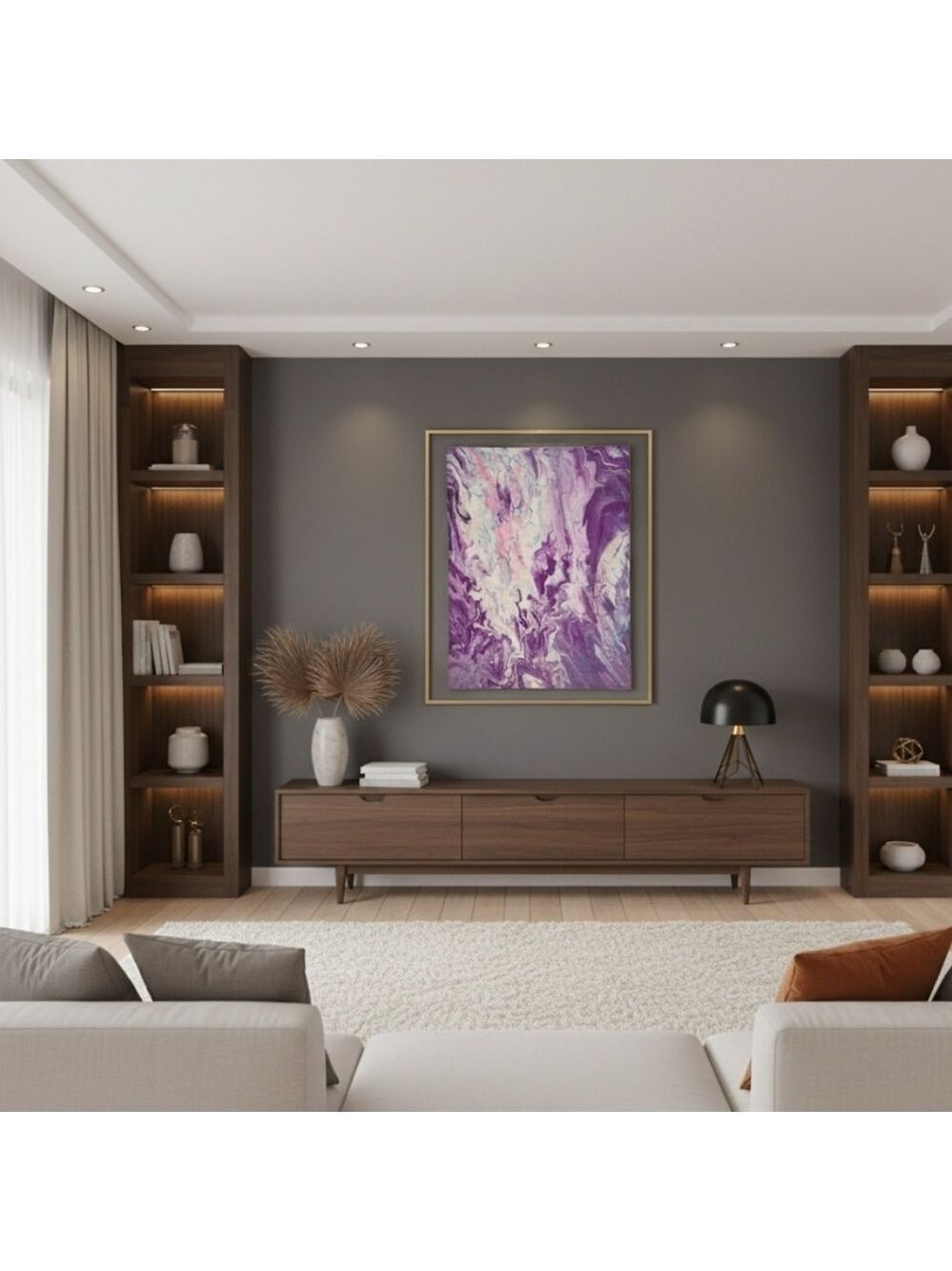 Hand Crafted original fluid art upcycled stretch canvas purple abstract decor